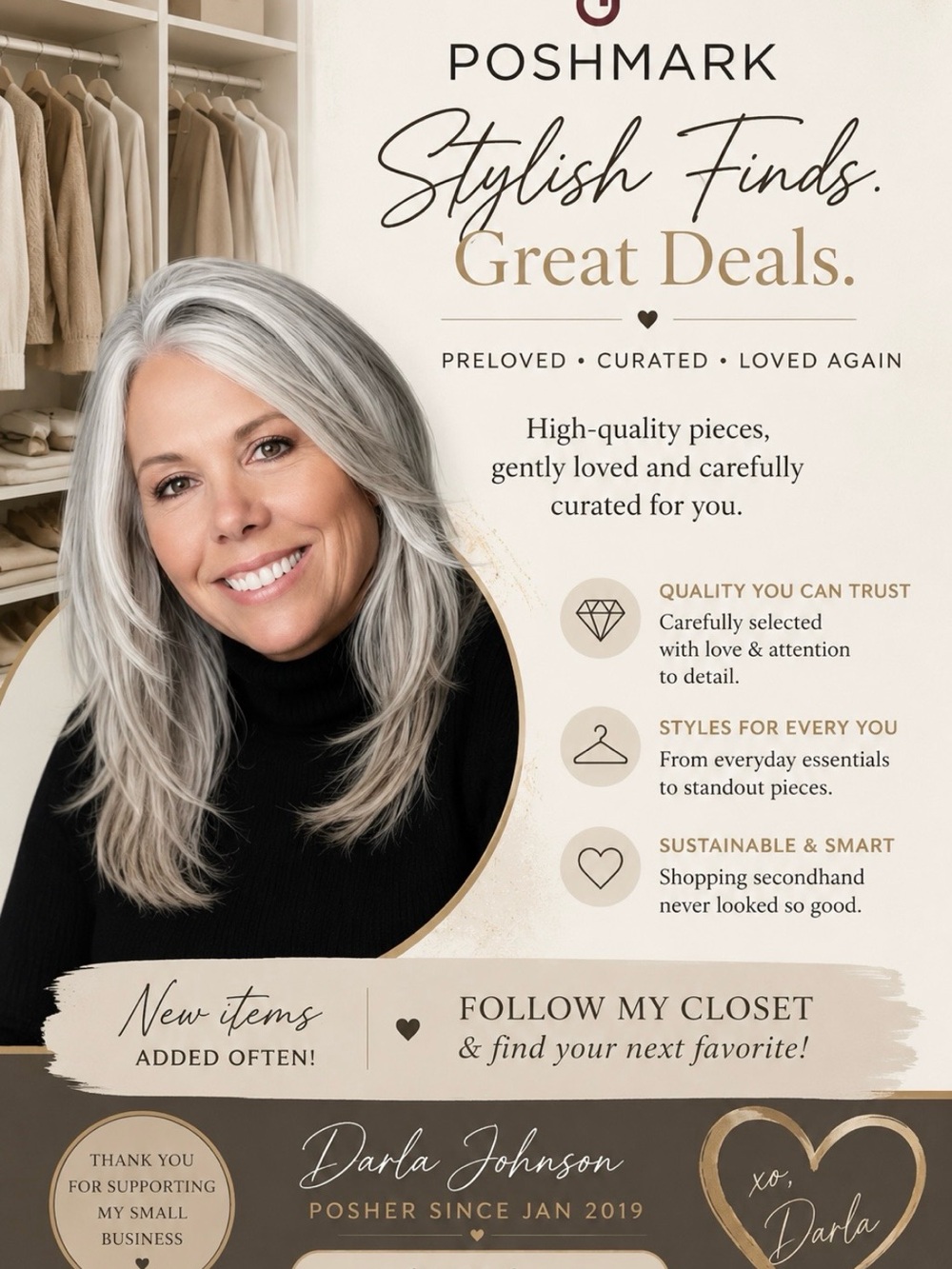Poshmark Promotional Graphic Featuring Woman in Black Turtleneck